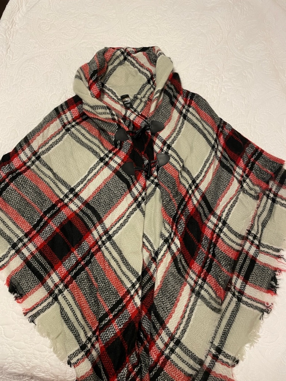 Mixit Red Black Cream Plaid Hooded Poncho with Toggle Closures